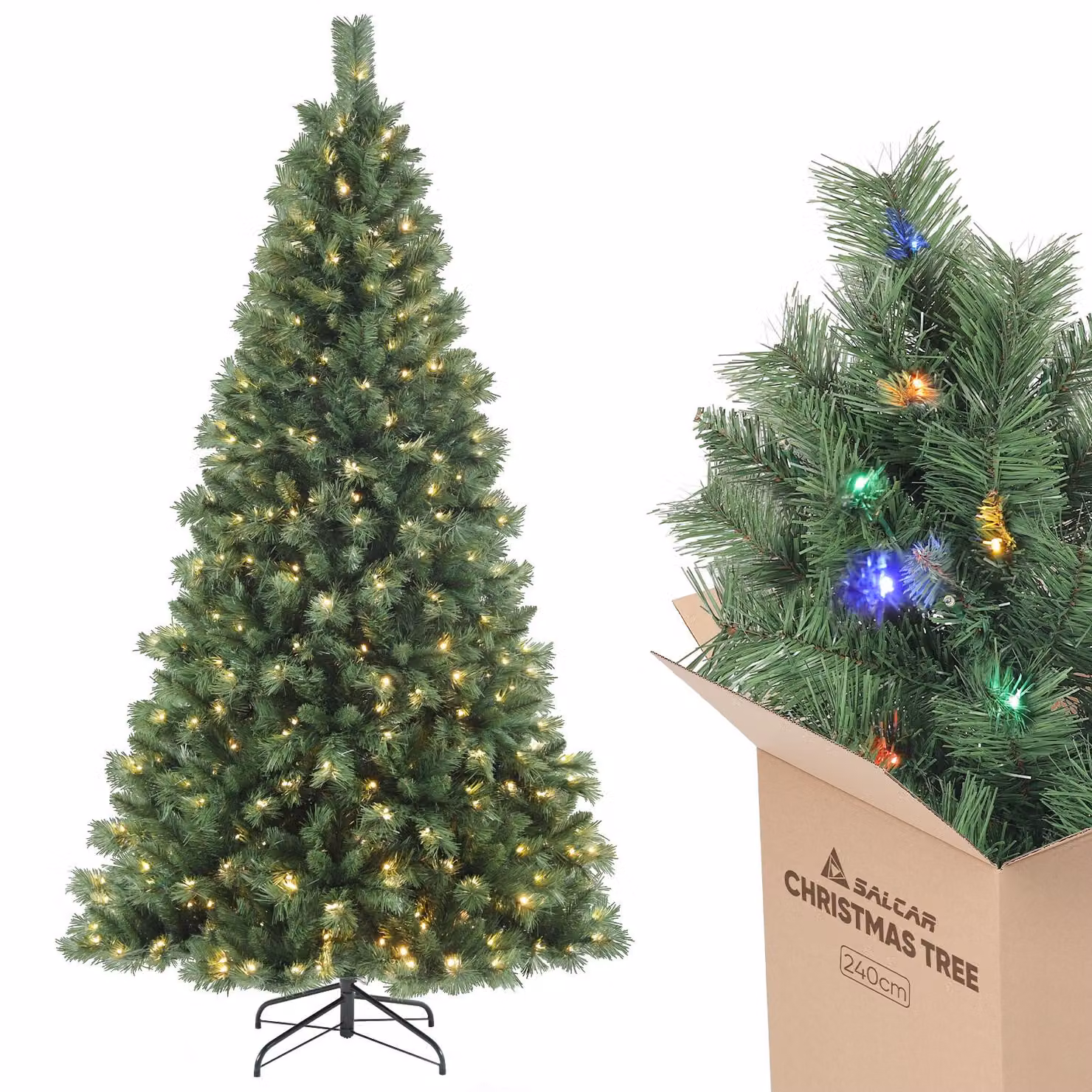 Albero di Natale artificiale Salcar da 240 cm con illuminazione, 2 colori di luce (bianco caldo/colorato), albero di Natale a LED con telecomando incluso