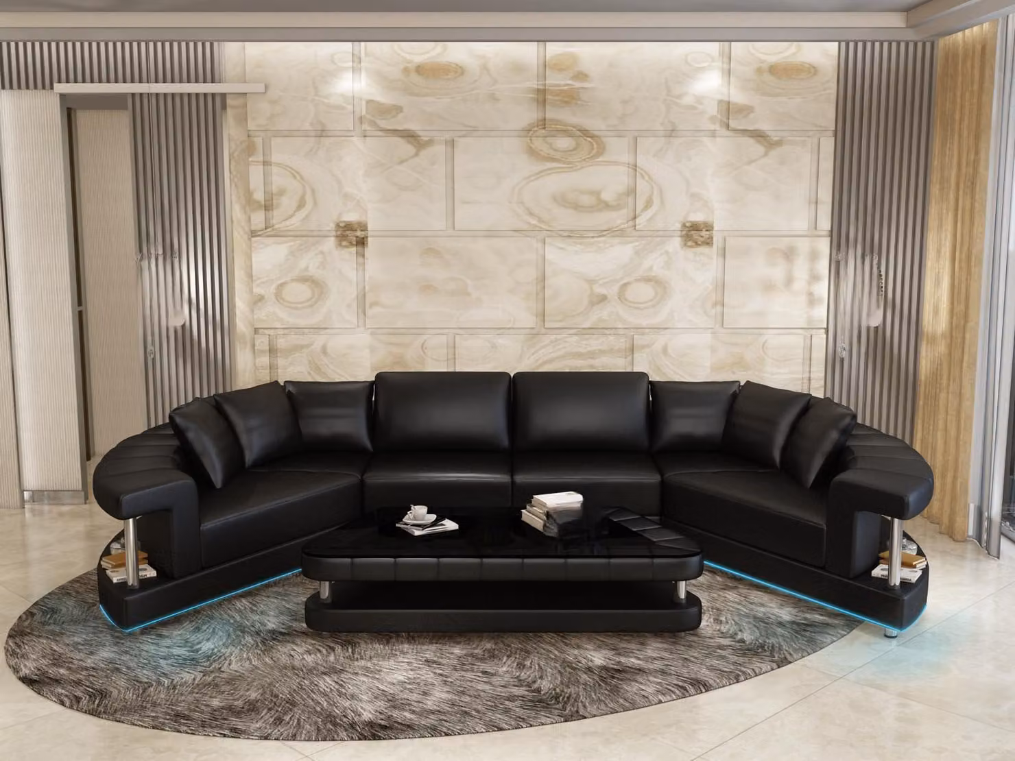 Ledersofa Couch Wohnlandschaft Ecksofa Eck Garnitur Rund Design Sofa R7007E