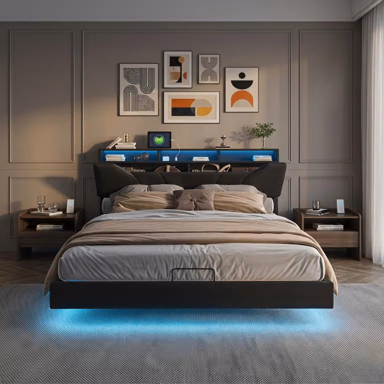 Letto imbottito INONEFT 140x200 cm con stazione di ricarica, letto per ragazzi/matrimoniale con LED e testiera contenitore, letto sospeso multifunzionale, in PU, colore nero