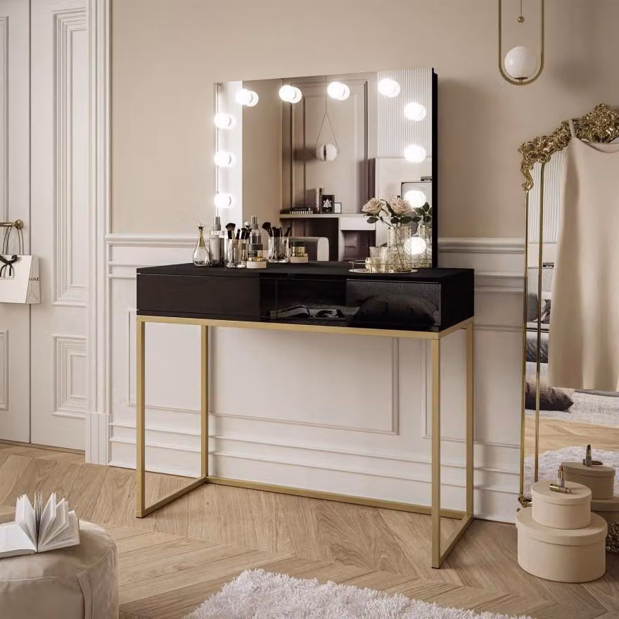 Tavolo da trucco BLANCO GOLD ELITE con specchio e illuminazione, oro opaco / bianco lucido Push to open