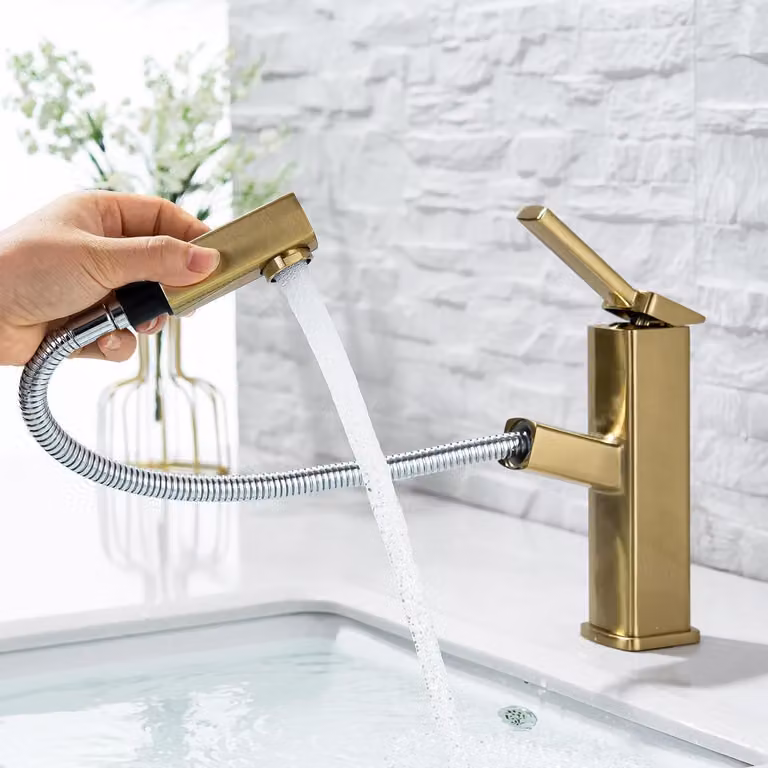 Miscelatore monocomando per lavabo con doccetta estraibile, per acqua calda e fredda, con beccuccio estendibile e girevole, finitura champagne spazzolata