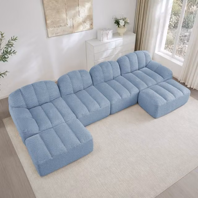 Divano panoramico modulare a U Mivray da 4 posti in tessuto blu con due ottomane coordinati