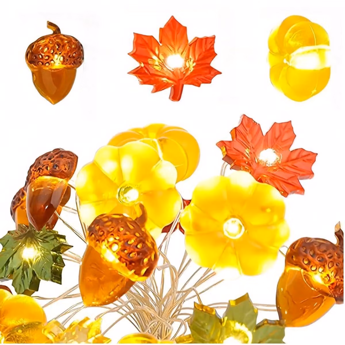 Catena luminosa autunnale, 3 metri, 30 LED, con decorazioni a forma di acero, ghiande e zucche, alimentata a batteria