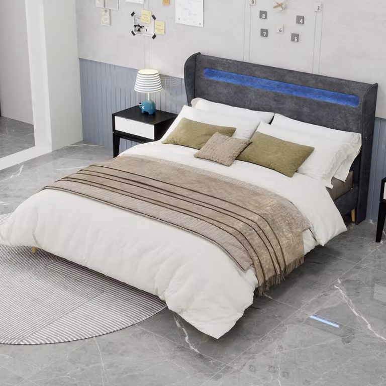 MODFU Letto imbottito moderno 160x200 con illuminazione LED cambia colore e testata, mobili per camera da letto letto letto matrimoniale con diversi supporti, senza materasso, grigio
