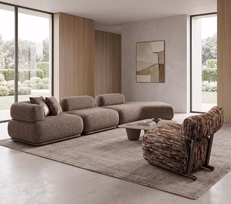 Divano angolare modulare in tessuto con poltrona relax, design moderno per il soggiorno