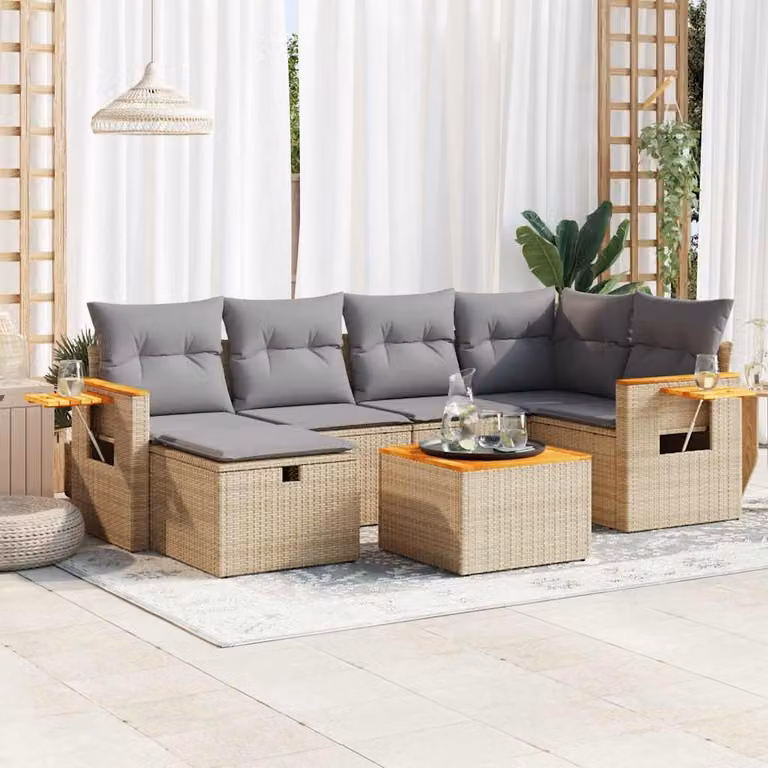 Set Divano da Giardino vidaXL 7 pz a Forma a L con Cuscini Beige e Tavolino, Polyrattan e Acciaio con Struttura in Legno di Acacia