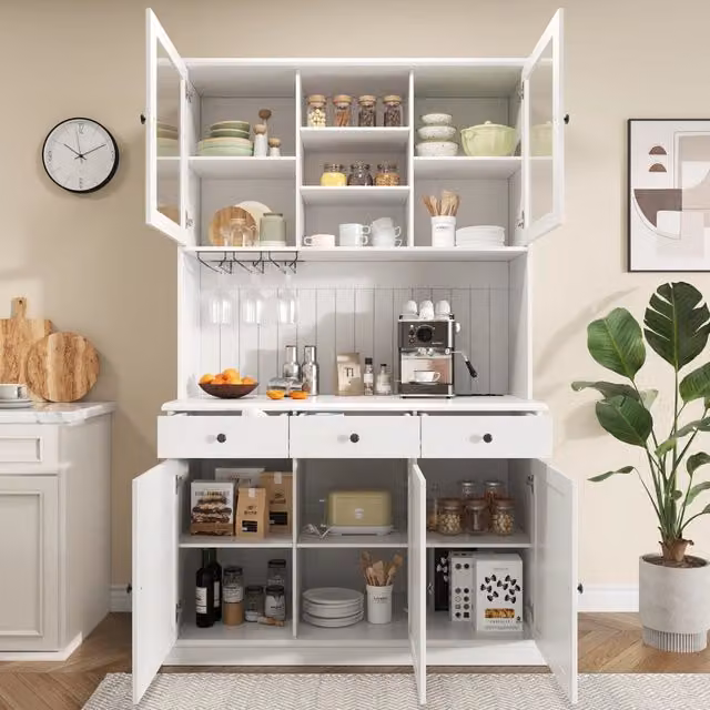 Credenza da cucina con vetrine, cassetto, portabicchieri e prese USB, per cucina, bianca, 120 × 40 × 191 cm