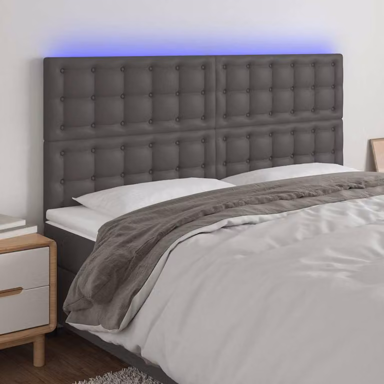 Testiera per letto vidaXL in similpelle grigia con illuminazione LED e porta di ricarica USB, L: 180 cm, P: 5 cm, H: 118-128 cm