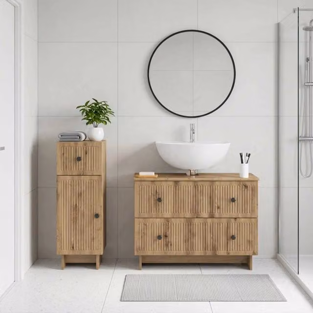 Set di mobili da bagno moderno vidaXL in legno marrone con vanità e ante a cerniera L/P/H: 82,0 x 35,6 x 41,0 cm e 59,0 x 41,0 x 35,6 cm