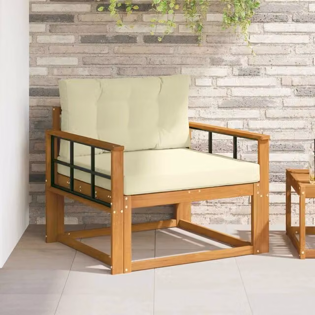Divano centrale componibile per esterno in legno di acacia con cuscini beige e marrone