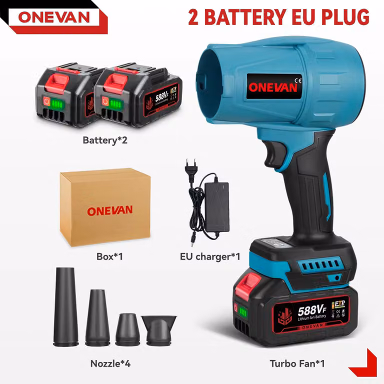 Soffiatore a batteria per foglie e neve - Soffiatore turbo - 3500 W - Motore brushless - 300.000 giri/min - 350 m/s - 3 livelli di potenza - 2 batterie + caricabatterie UE