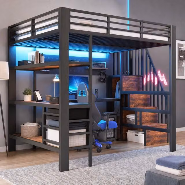 Letto a soppalco 140×200 cm 2 posti con 3 cassetti, scrivania, presa e luce LED regolabile, senza materasso, nero