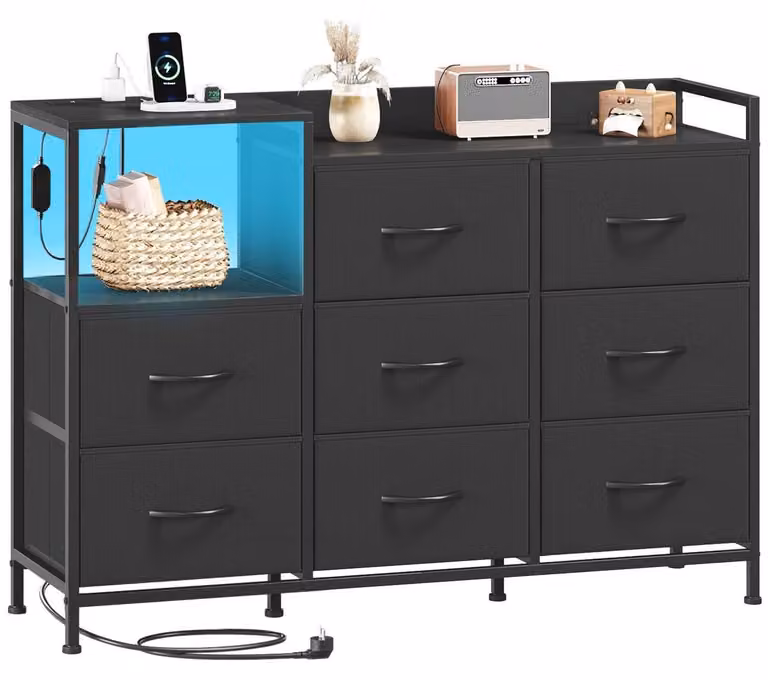 Comodino con 8 cassetti rivestiti in tessuto, illuminazione LED e presa multipla, colore nero, dimensioni 99x29x70,5 cm