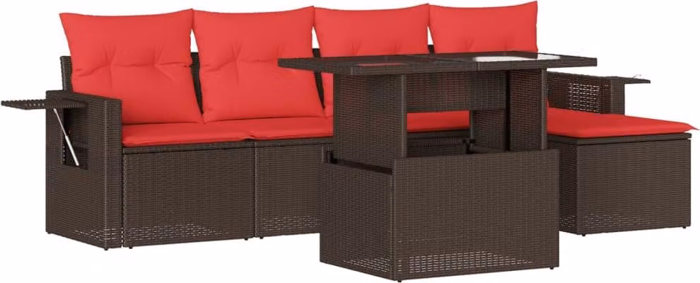 Set Divani da Giardino 6 pz con Cuscini Marrone in Polyrattan