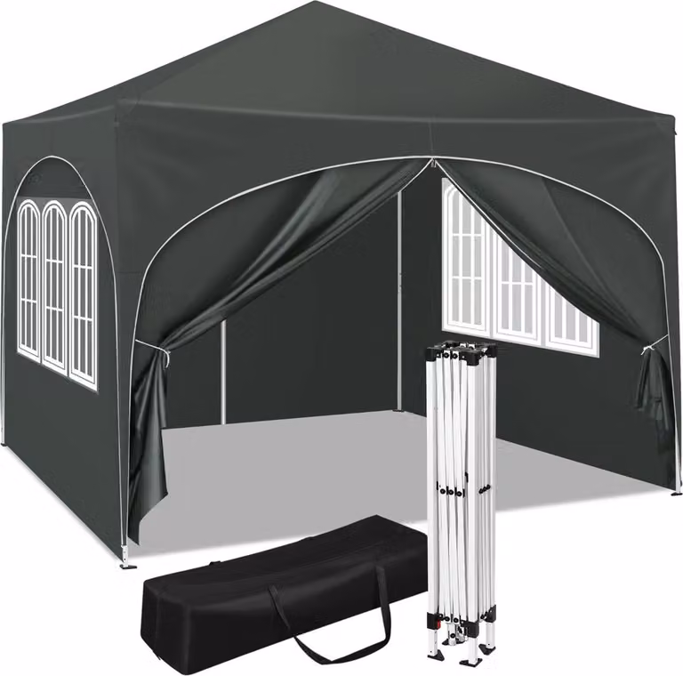 Tenda Happyment con pannelli laterali - Grigio - 3x3 m - Gazebo pieghevole - Resistente all'acqua e ai raggi UV - Altezza regolabile