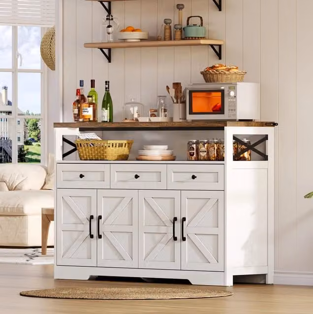 Credenza 140 cm bianca e marrone – 3 cassetti, contenitore, stile rustico