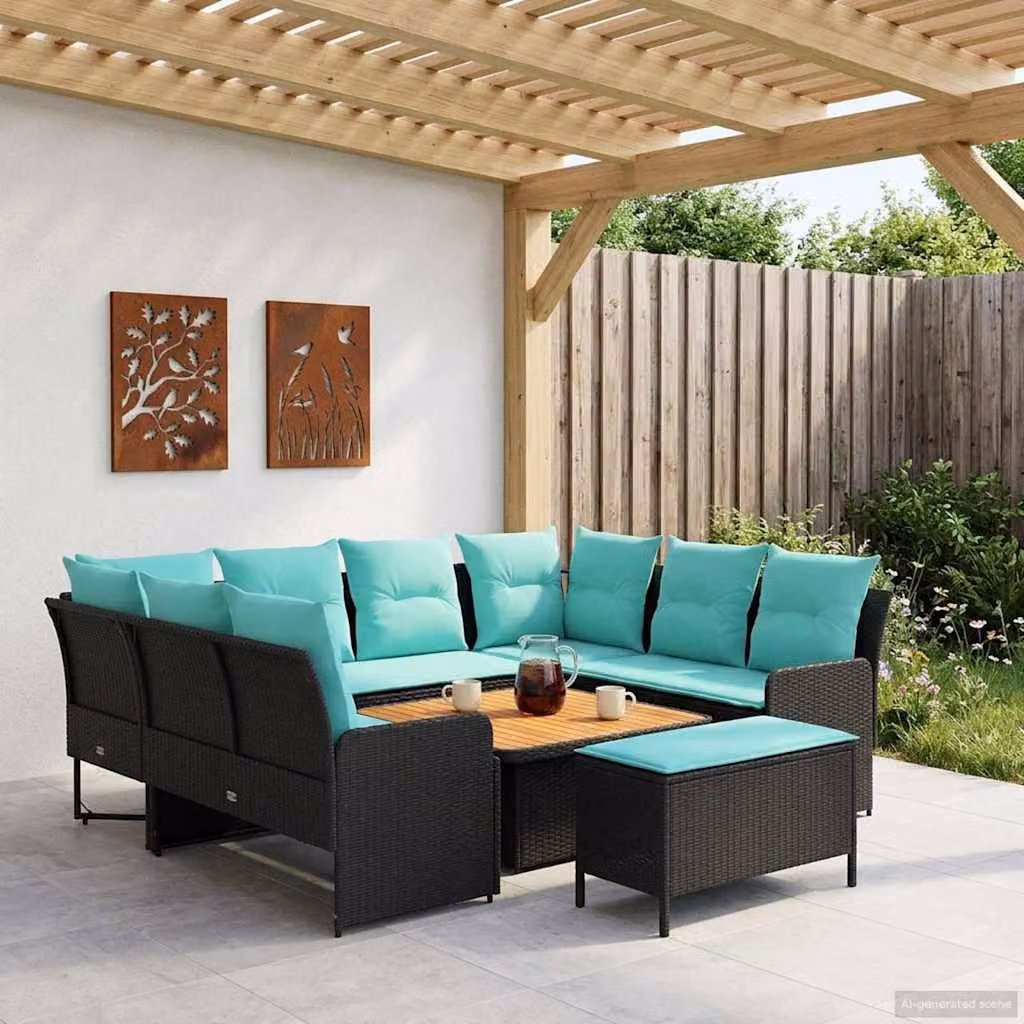 Set di mobili da giardino vidaXL 7 pz in rattan con struttura in acciaio e legno di acacia, colore nero e turchese, con cuscini inclusi