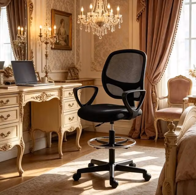 Sedia alta ergonomica nera con poggiapiedi regolabile e schienale in rete
