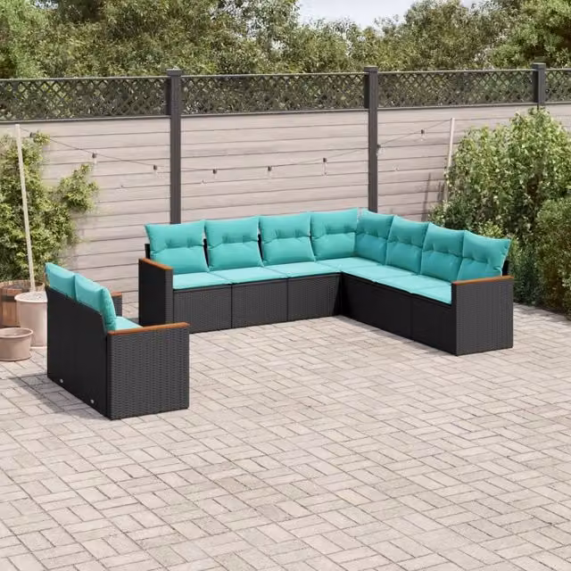 Set Divani da Giardino 9 pz con Cuscini Nero in Polyrattan 3226099