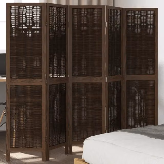 Divisorio Ambienti a 5 Pannelli vidaXL in Legno di Paulownia e Rattan, Marrone