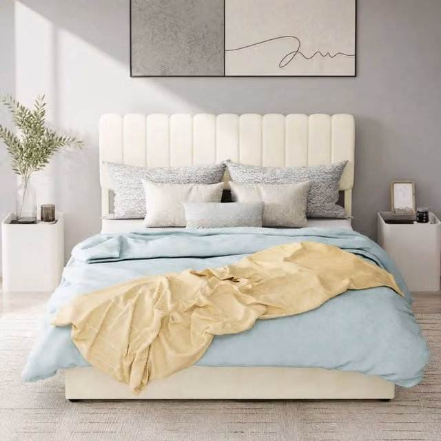Letto contenitore imbottito 140 × 200 cm con sollevamento a gas, senza materasso, in tessuto, beige