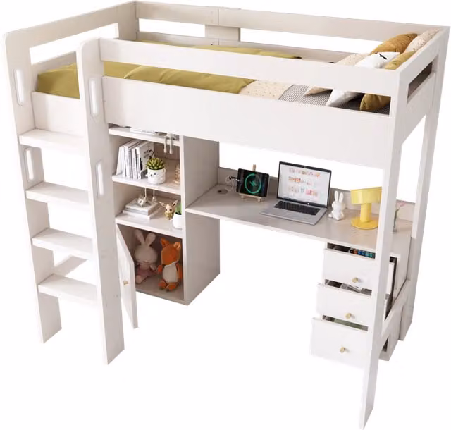 Letto a castello moderno REDOM per bambini con scrivania, porte USB/Type-C, armadi e cassetti, bianco, L/P/H: 200 x 90 x 206 cm – 1
