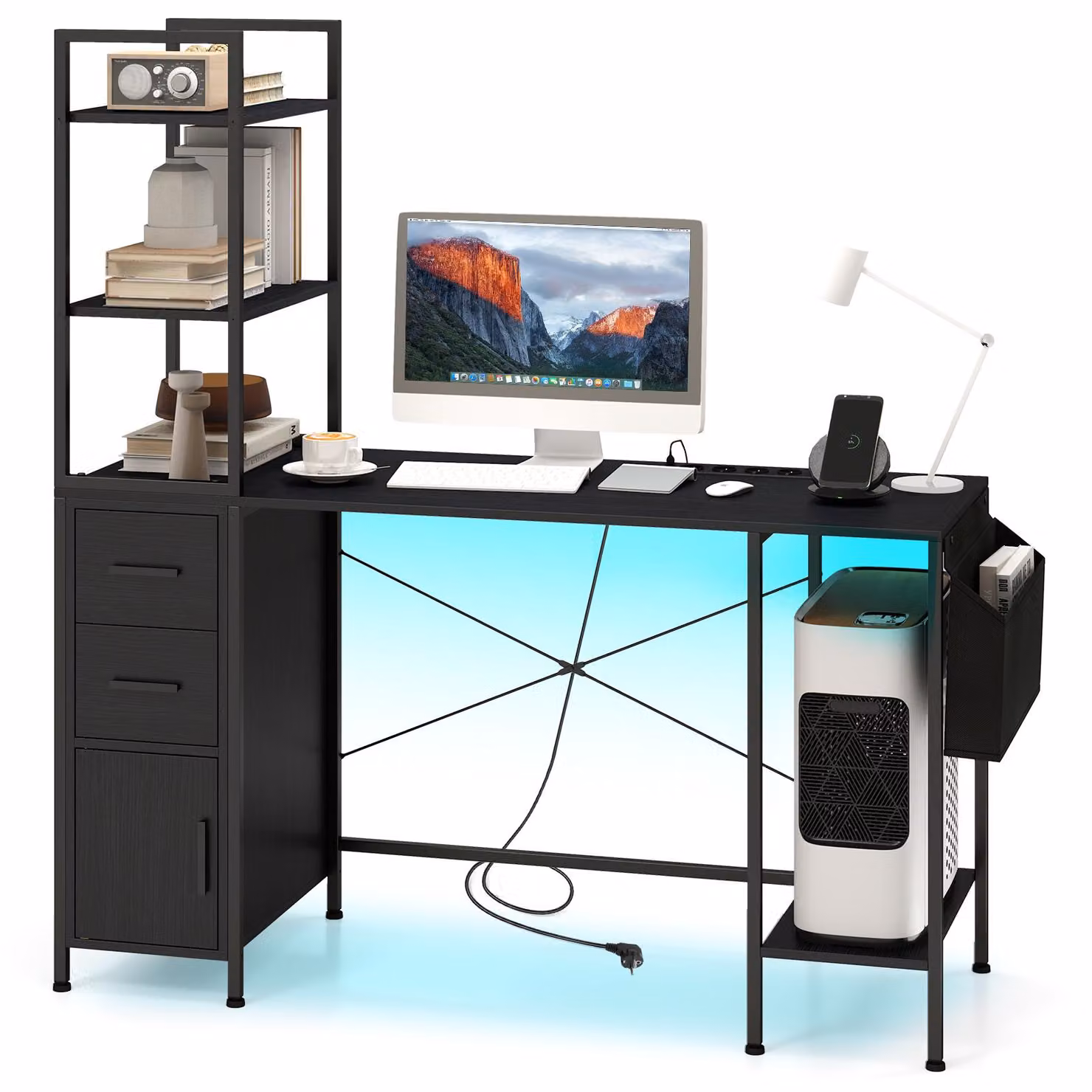 Scrivania COSTWAY con stazione di ricarica, LED, ripiani aperti, 2 cassetti, supporto per CPU e borsa in tessuto, scrivania da gioco nera