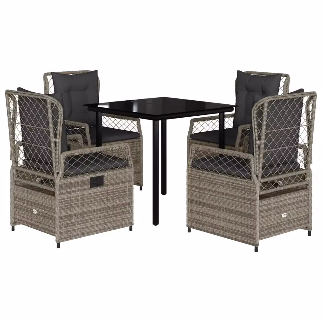 Set da pranzo da giardino vidaXL in polyrattan e vetro con 5 pezzi, grigio e nero – 2