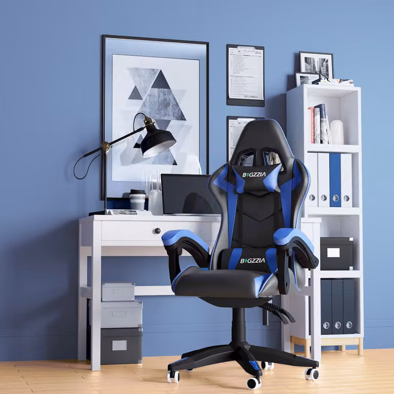 Sedia da ufficio Bigzzia, sedia da gioco, poltrona da gioco, sedia da scrivania, design ergonomico con cuscino, fino a 110 kg, blu