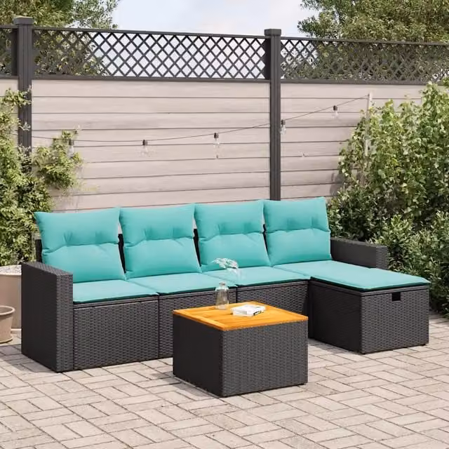 Set Divano da Giardino 6 pz con Cuscini Nero in Polyrattan 3325781