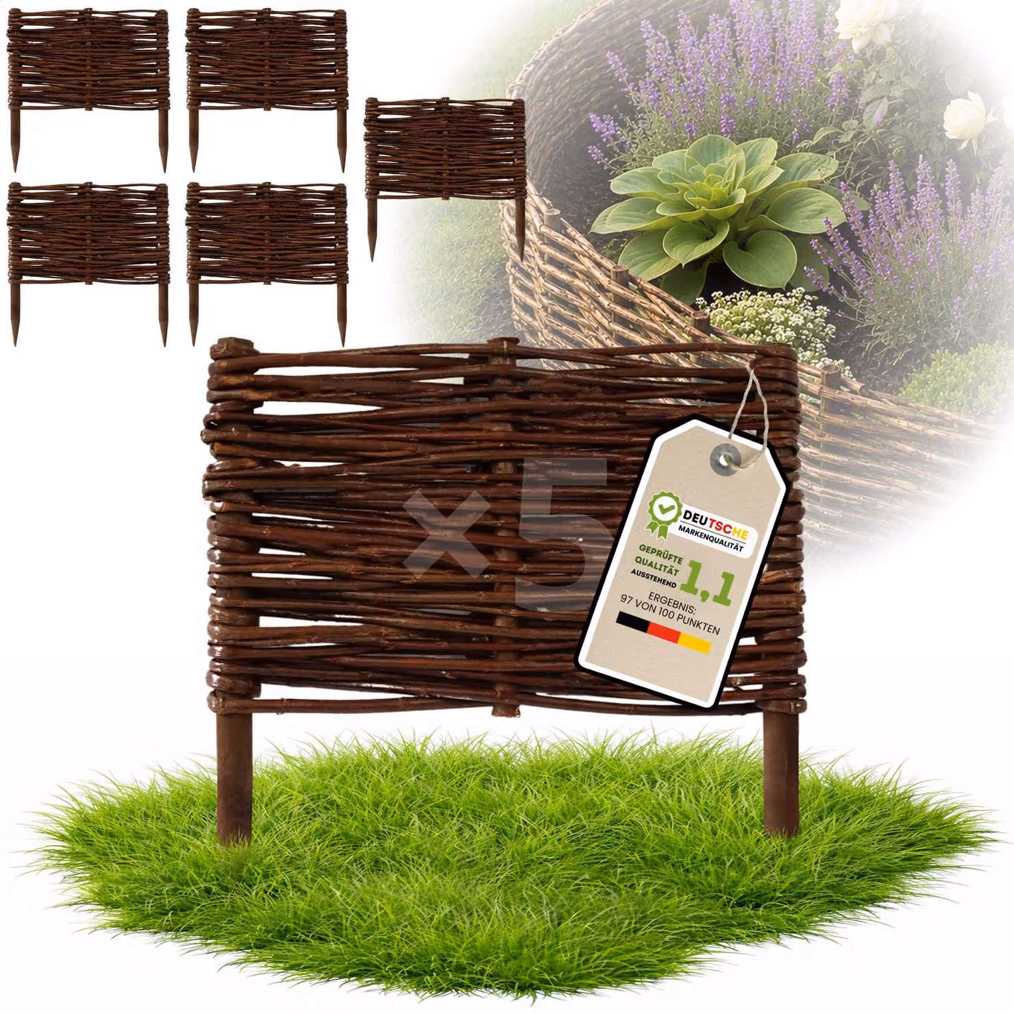 Floranica 5 pezzi Recinzione in vimini 20 cm x 30 cm – Staccionata da giardino intrecciata Palizzata Recinzione naturale Bordo aiuola