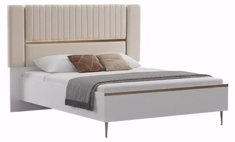 Letto imbottito color crema, struttura di design, testiera lussuosa