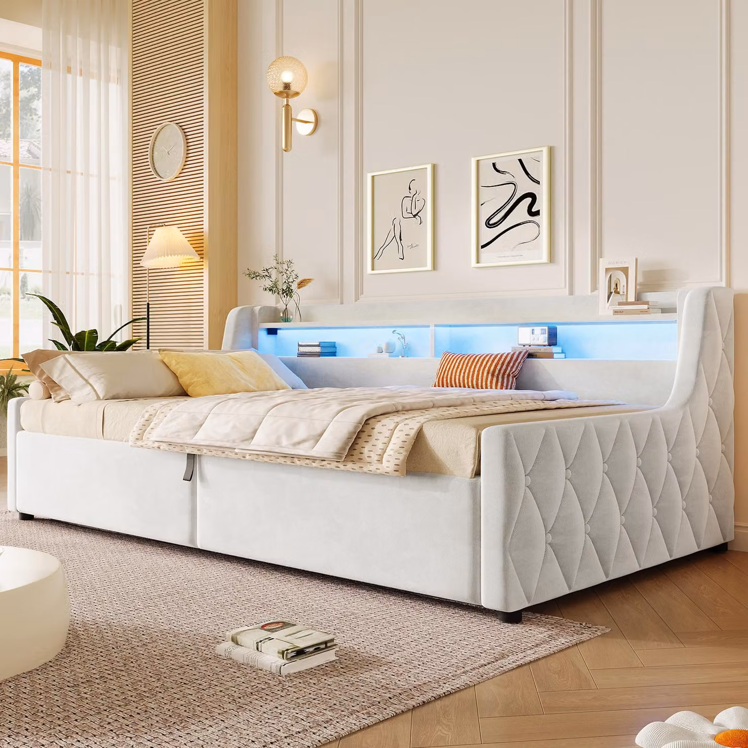 Letto contenitore 90x200 cm con sistema di sollevamento idraulico, testiera LED con diverse modalità di illuminazione, rivestimento in velluto, capacità di carico di 150 kg, colore beige