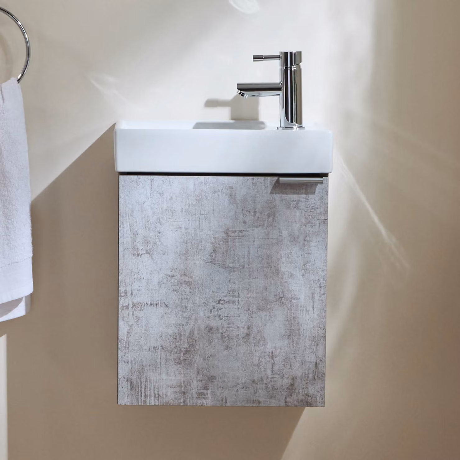 Mobile Bagno Grigio Cemento Sospeso da 400mm con Lavabo e Maniglia con Impugnatura a Dito Cromata - Cluo