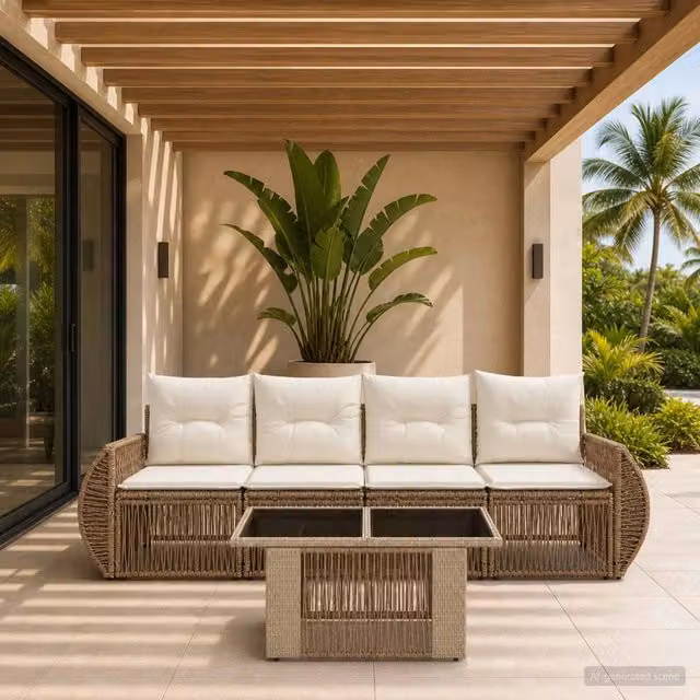 Set Divano da Giardino 5 Pezzi vidaXL in Polyrattan Beige e Bianco con Cuscini e Tavolino da Esterno