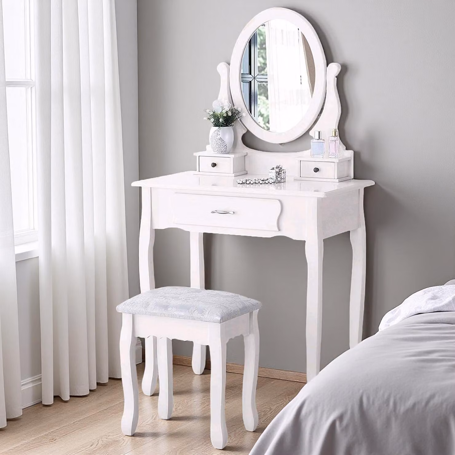 Comò con specchio, bianco - Con sgabello - 3 cassetti - In legno - Design minimalista e moderno