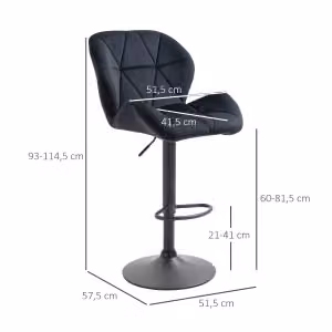 Set di 2 sgabelli da bar OKWISH girevoli e regolabili con schienale e poggiapiedi in poliestere nero L/P/H: 51,5 x 57,5 x 93-114,5 cm – 2