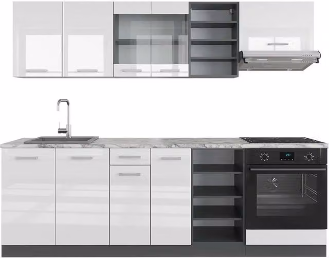 Cucina componibile moderna Vicco R-Line Bianco lucido e Antracite, L: 240 cm