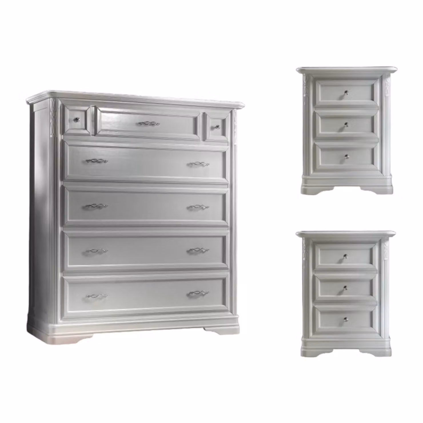 Set composto da cassettiera ribaltabile e 2 comodini intarsiati in legno massello bianco Mobili 2G – 1