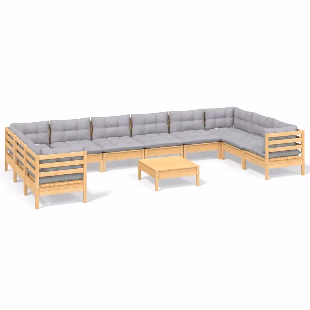 Set di Divani da Giardino vidaXL in Legno di Pino Massello con Cuscini Grigi, Composizione a L con Elemento Angolare e Ottoman, 11 Pezzi – 2