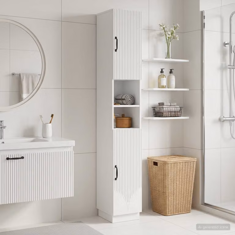 vidaXL Armadio da Bagno Moderno HOORN Bianco con Ripiano Aperto e Ante a Battente in MDF e Metallo, L/P/H: 30,0 x 23,9 x 187,0 cm