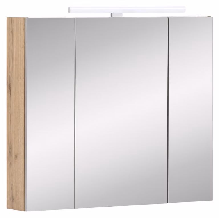 Specchio a muro con 3 ante, illuminazione a LED, sistema di chiusura ammortizzata, finitura noce, dimensioni 80x16x74,7 cm
