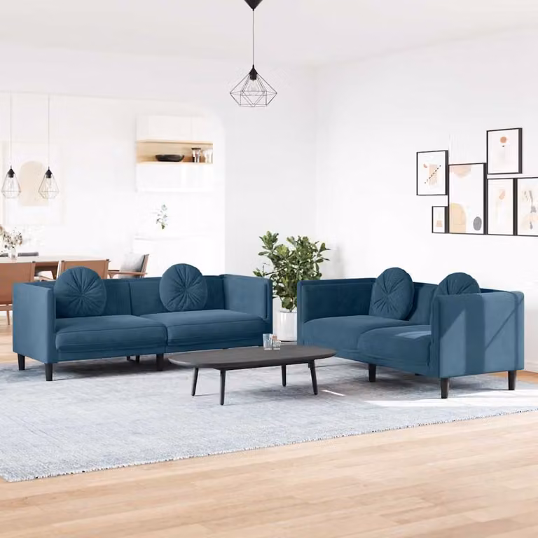 Set di 2 Divani vidaXL in Velluto Blu con Cuscini, Design Moderno con Struttura in Legno Solido per il tuo Soggiorno