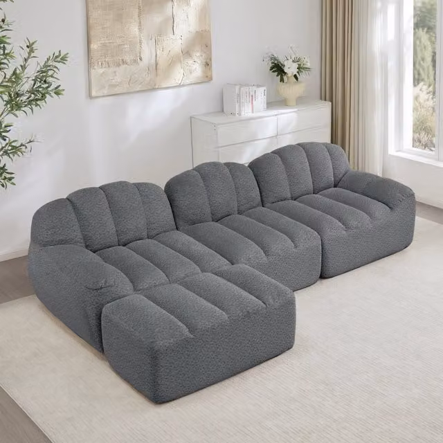 Divano angolare modulare MIVRAY a 3 posti con ottomana coordinata, rivestimento in tessuto grigio reversibile per il tuo soggiorno, L/P/H: 288 x 165 x 79 cm