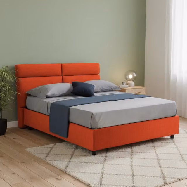 Letto Matrimoniale Alcatron DMORA, Letto Imbottito Sfoderabile Arancione e Nero, L/P/H: 160 x 200 x 114 cm