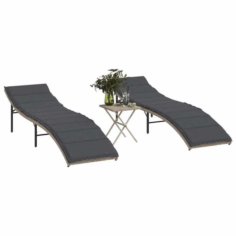 Set di 2 lettini prendisole con tavolino vidaXL in polyrattan grigio chiaro con poggiatesta regolabile e tessuto resistente ai raggi UV