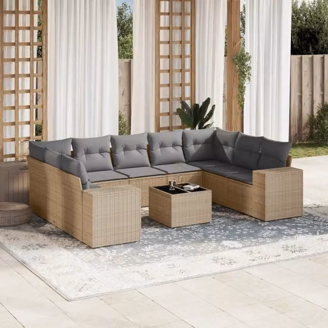 Set Divano da Giardino a L VIDAXL in Polyrattan con Cuscini Beige, 10 Pezzi