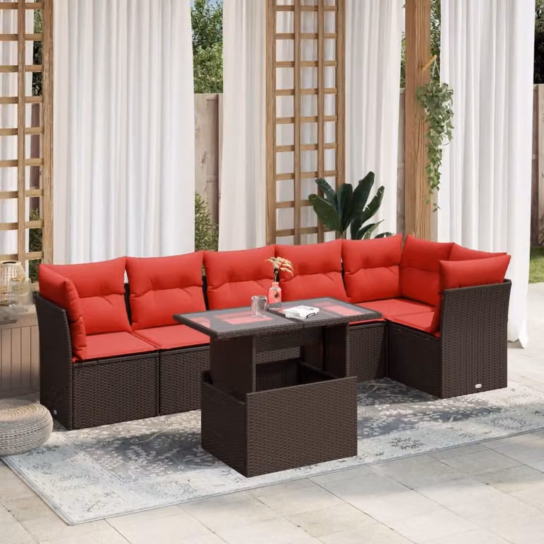Set Divani da Giardino vidaXL 7 Pezzi in Polyrattan Marrone con Cuscini e Tavolino da Esterno a Forma di L