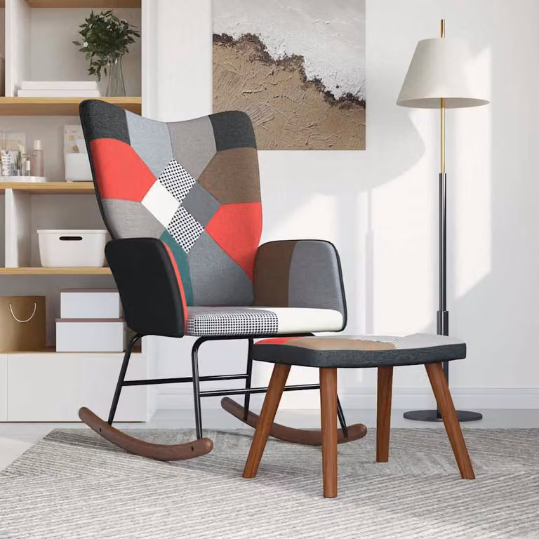 vidaXL Sedia a Dondolo con Poggiapiedi in Tessuto Patchwork