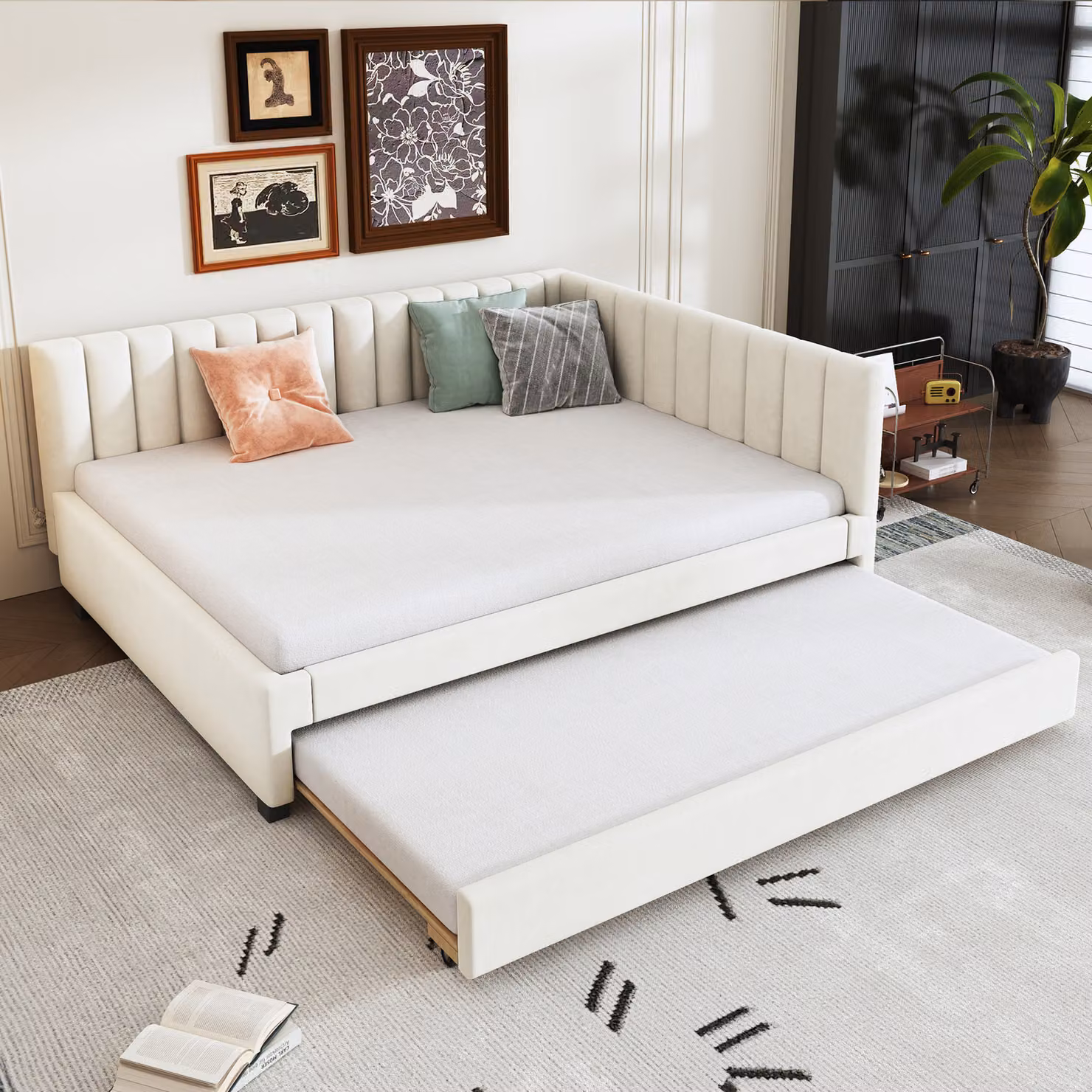 STILVORA Divano letto 140x200 con letto estraibile, letto per ragazzi in velluto con rete a doghe, schienale a righe verticali, con materasso, grigio